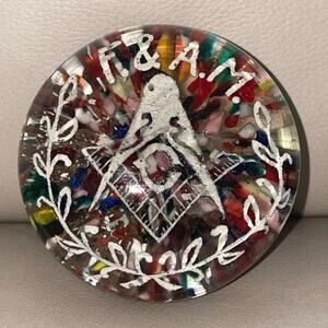 Vintage F&AM Masonic Glass Paperweight Mid Century Murano Style Collectible Art